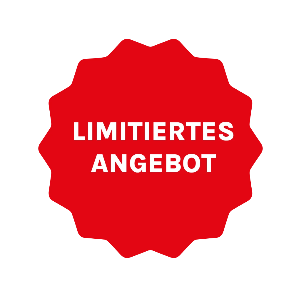 Rotes Batch mit dem Text "Limitiertes Angebot" auf schwarzem Hintergrund.